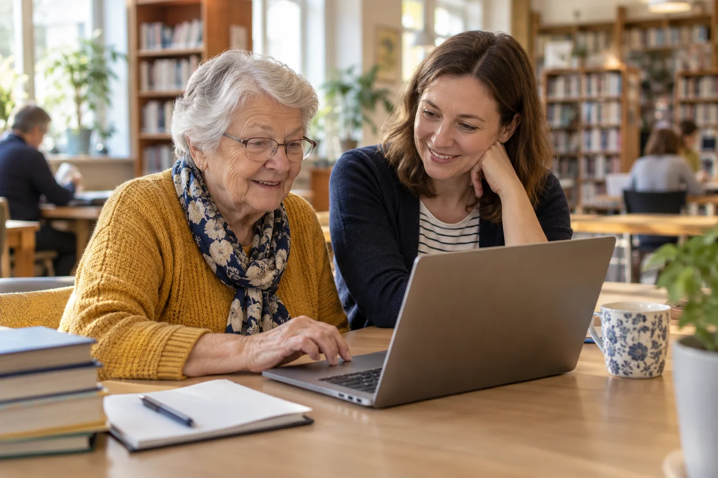 Ilustracja seniorki uczącej się obsługi laptopa ze wsparciem wolontariuszki